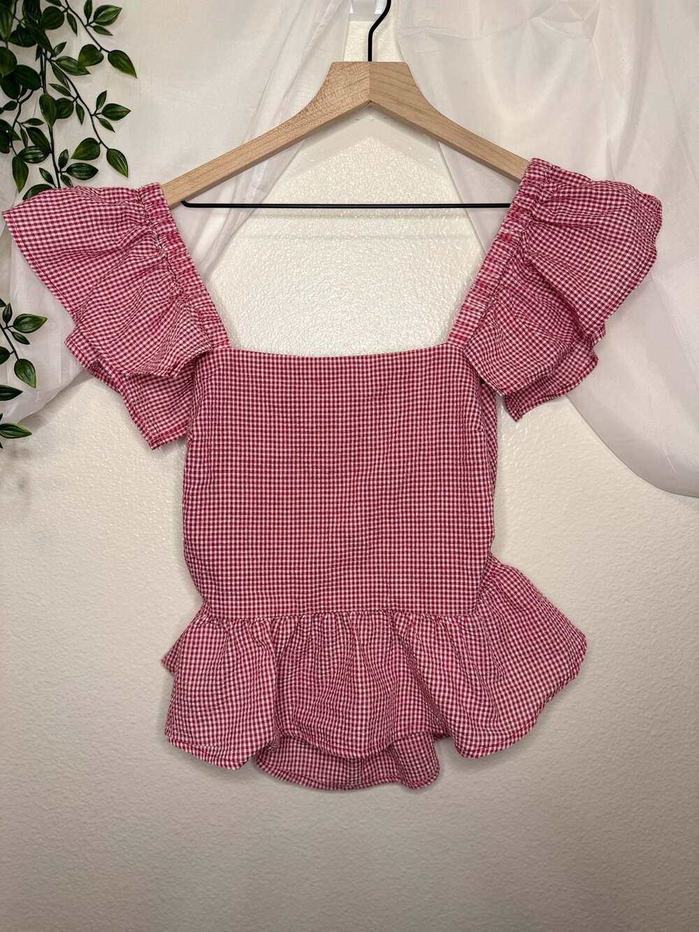 Twine & String Red Gingham Peplum Top Cottagecore Picnic Open Back